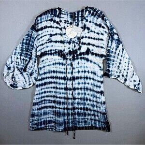 BOHO ME Tunic Top Womens Small Blue White Tie Dye Bell Sleeve Rayon NWT